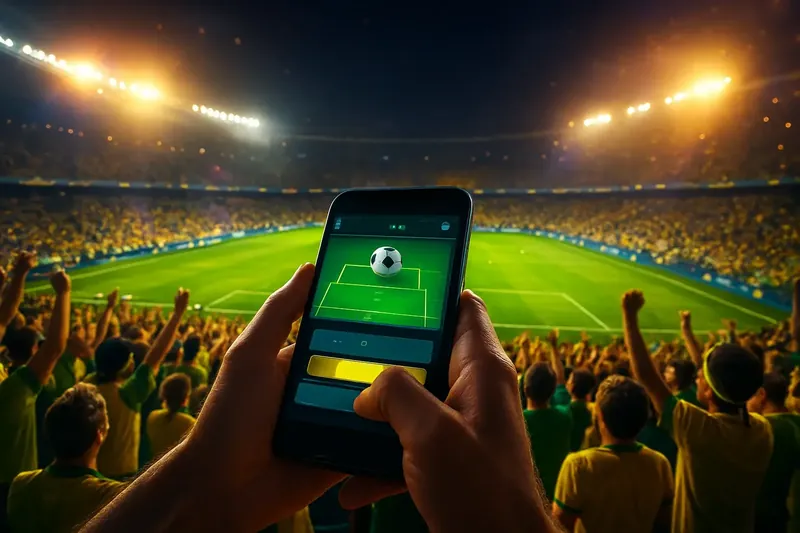 Estádio lotado à noite com celular exibindo promoção de apostas ao vivo