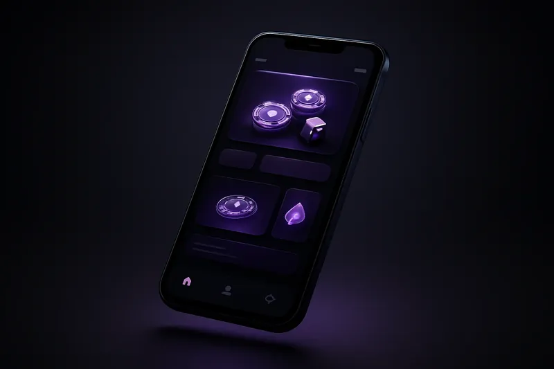Smartphone moderno exibindo app de cassino premium com interface escura roxa