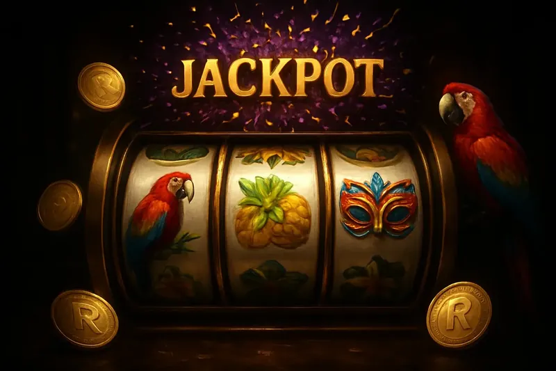 Cena vibrante de caça-níqueis brasileiro com jackpot, araras e confetes