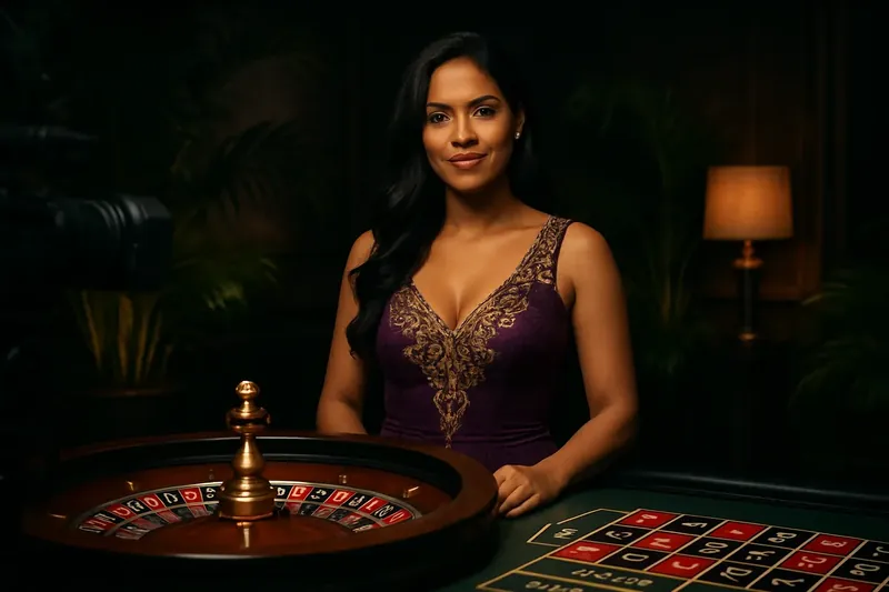 Dealer brasileira profissional em mesa de roleta com ambiente luxuoso