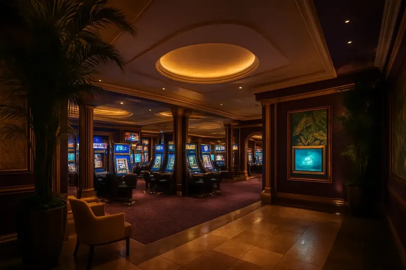 Lobby de cassino brasileiro com detalhes roxos, dourados e decoração tropical