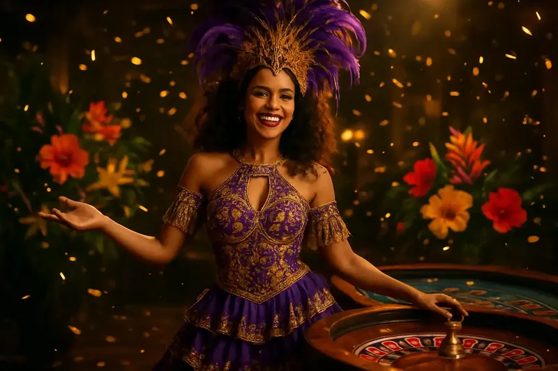 Mulher brasileira elegante celebra perto da roleta em cassino luxuoso