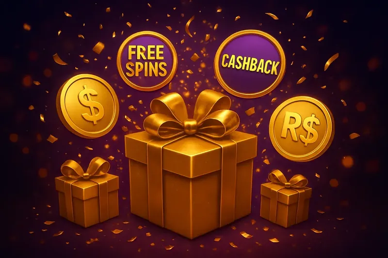 Caixas douradas, confetes, fichas grátis, cashback e símbolos do real